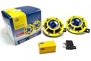HELLA H31000001 Sharptone 12V High Tone / Low Tone Twin Horn Kit with Yellow Protective Grill, Includes Relay, 2 Horns