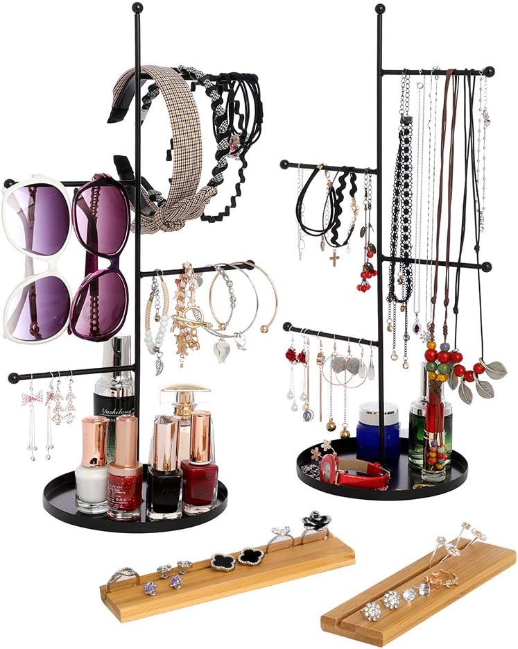 Furniture Life 4 Tier Hanging Jewelry Organizer and Bamboo Ring Storage, Jewelry Display Stand Tree with Round Tray to Organize Necklaces, Bracelets, Earrings, Rings, Watches (Two Packs)