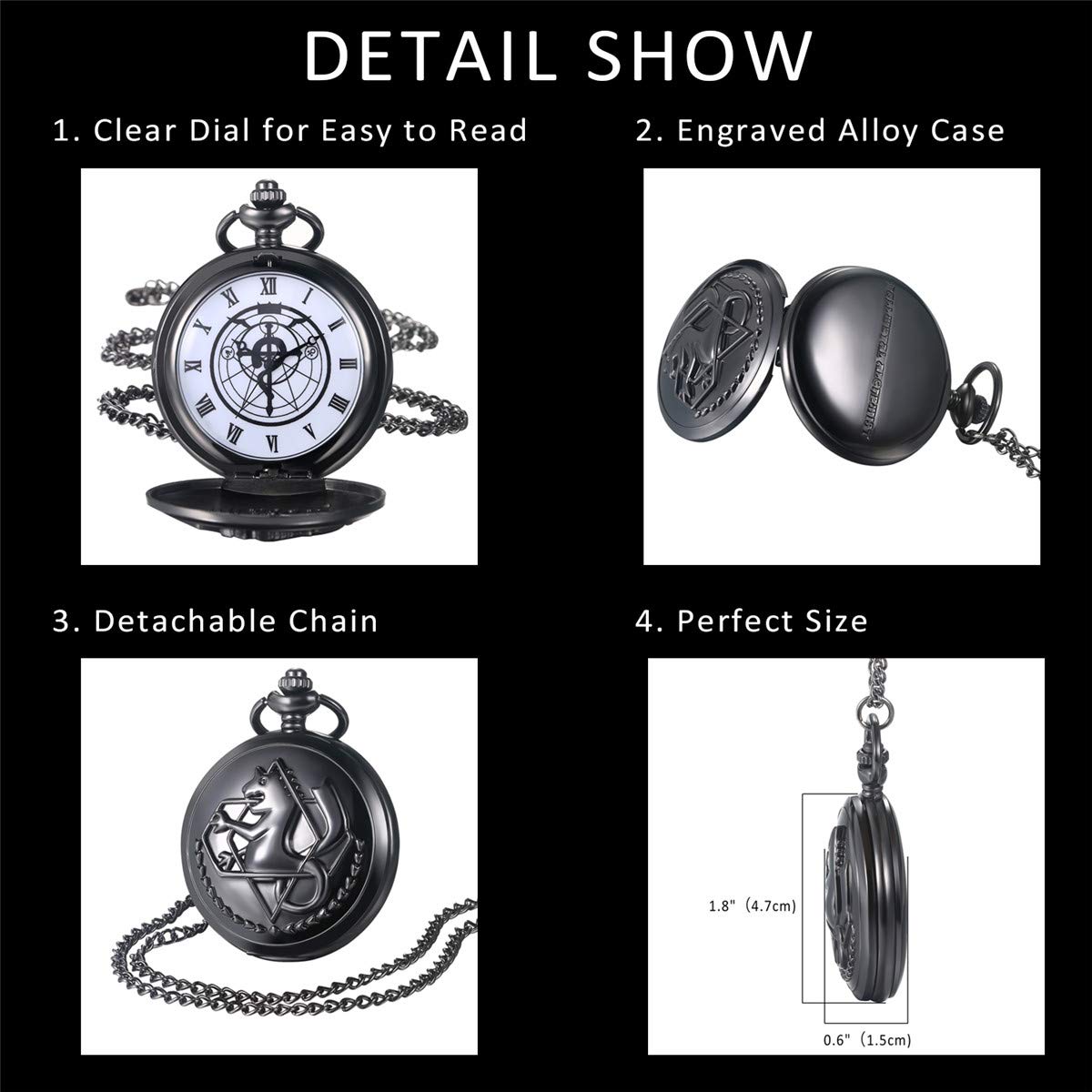 JewelryWe Vintage Fullmetal Alchemist Edward Elric's Pocket Watch Black with 31.9 Inches Chain for Christmas