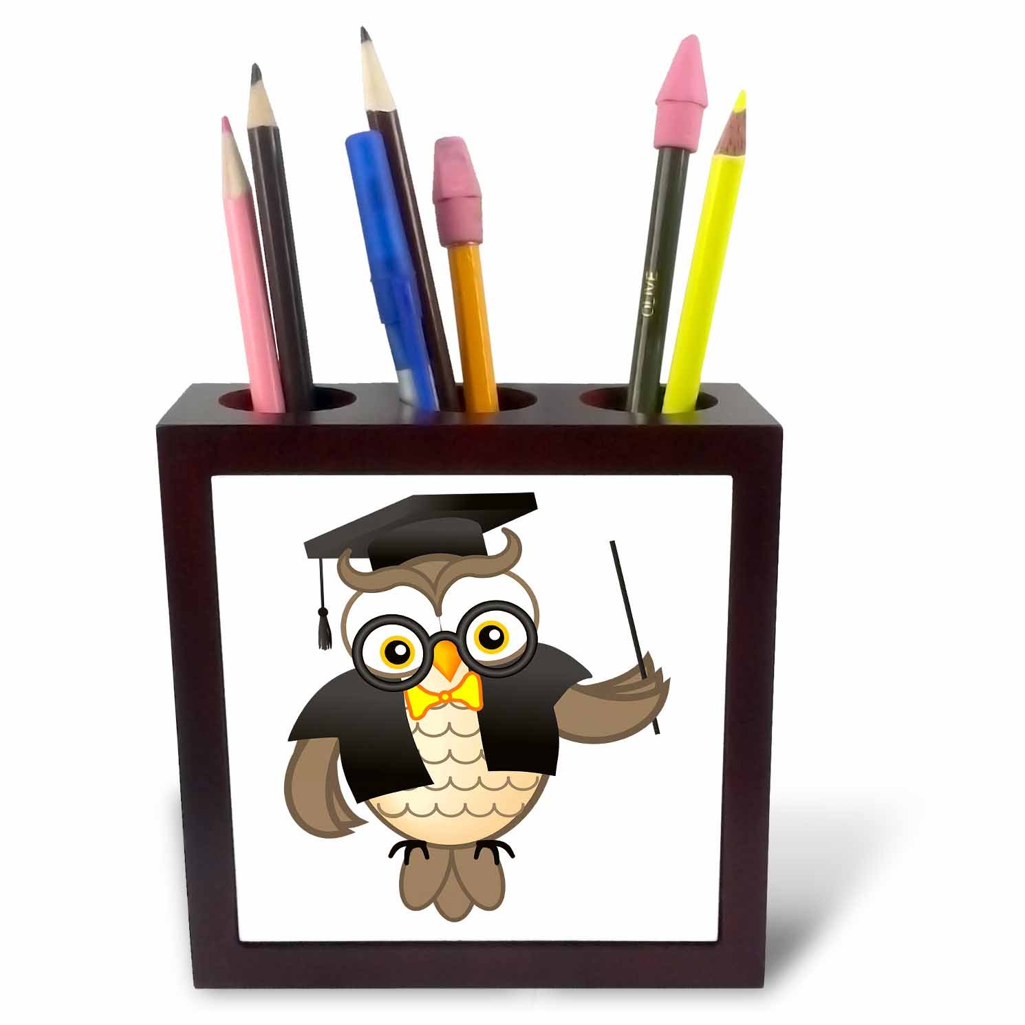 3dRose Teacher Wise Owl-Tile Pen Holder, 5-Inch (Ph_217242_1), Ceramic Wood, 5 Inches