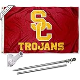 USC Trojans SC Logo Flag with Pole and Bracket Holder University Set