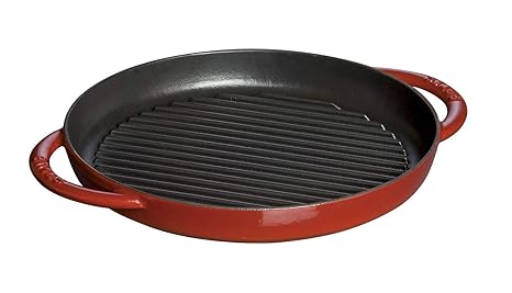 Staub Grillpfanne rund (26 cm, induktionsgeeignet, mit mattschwarzer Emaillierung im Inneren der Pfanne) kirschrot