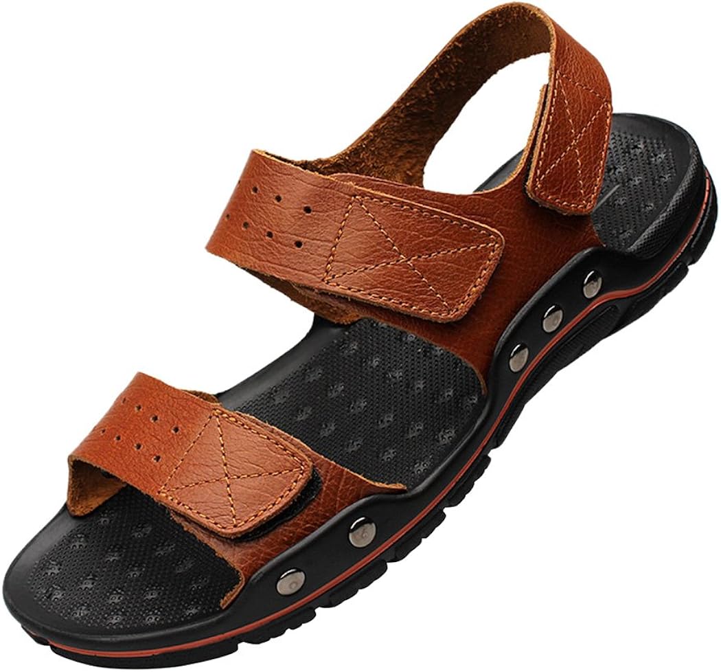 WALKLEADER Mens Leather Outdoor Open Toe Velcro Strap Sandals for