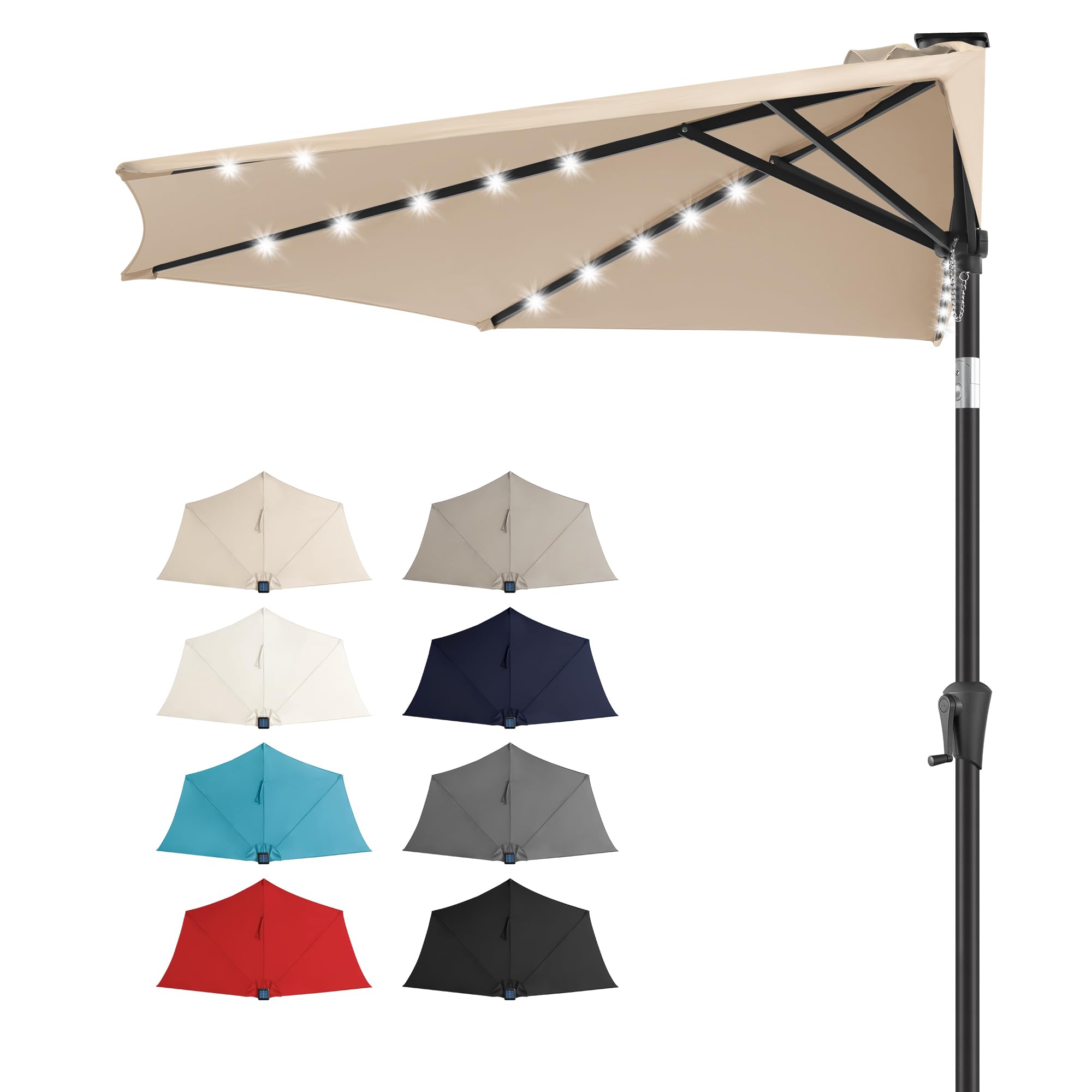 Photo 1 of FLAME&SHADE 9 ft Half Round Solar Powered Outdoor Market Patio Table Umbrella for Wall Balcony with LED Lights and Tilt, Beige