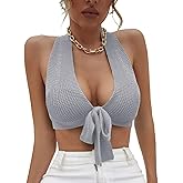 Amarmia Women's Sexy Deep V Neck Crop Tops Halter Knit Ribbed Bow-Knot Front Backless Cleavage Cropped Tank Top