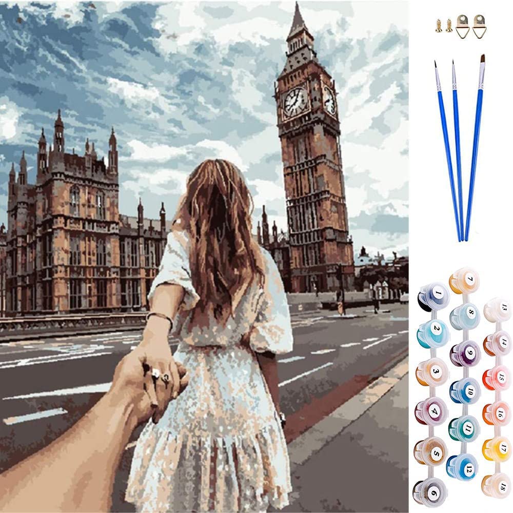 ABEUTY DIY Paint by Numbers for Adults Children, Couple with Big Ben 16x20 inches Number Painting Art Therapy