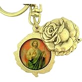 Religious Gifts Silver Tone Saint Jude with Our Lady of Guadalupe Sliding Rosebud Medal Key Chain, 1 3/4 Inch