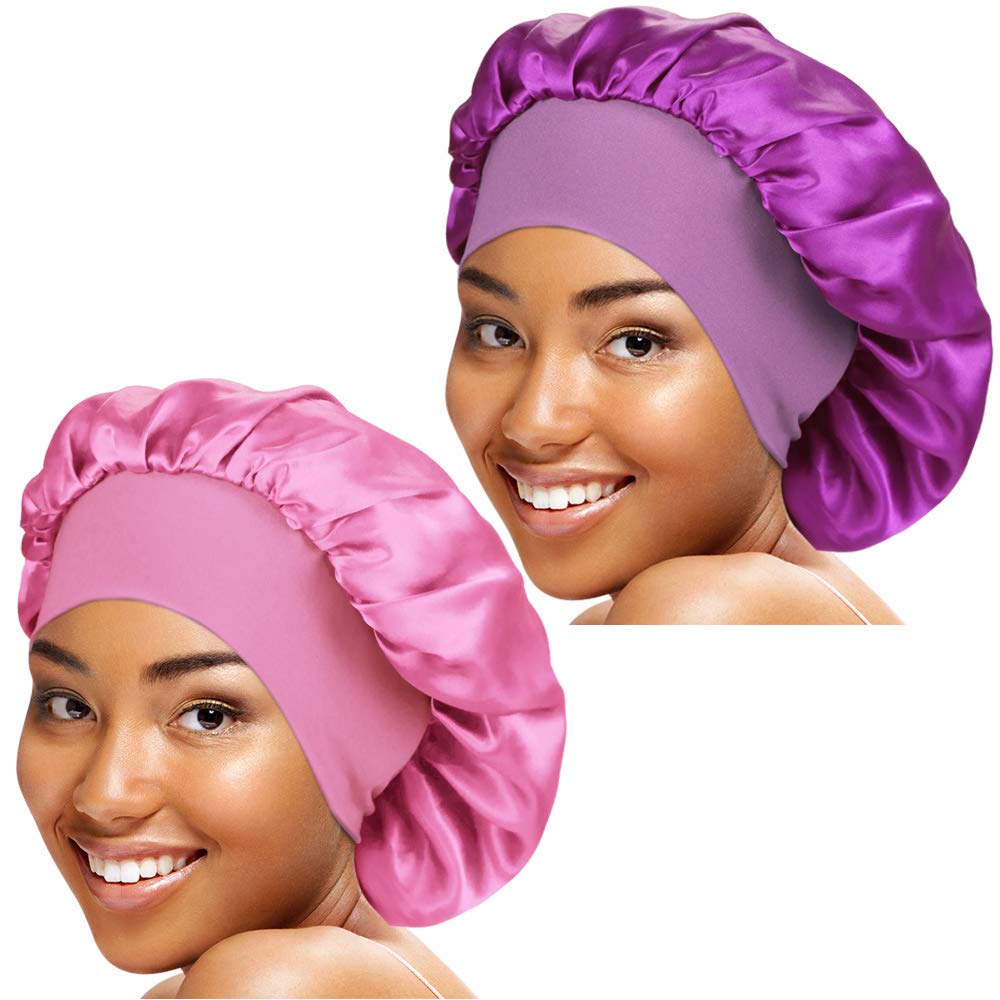 2 Pieces Wide Band Satin Cap Sleep Bonnet Soft Night Sleep Hat for Women