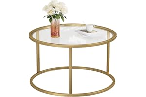 SAYGOER Small Glass Coffee Table Round Gold Coffee Table for Small Space Modern Simple Center Table with Gold Frame for Living Room Home Office, Easy Assembly