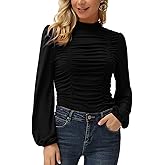 GRACE KARIN Womens Long Lantern Sleeve High-Neck Ruched Front Fitted Blouse