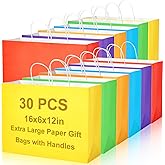 Maitys 30 Pcs 16x12x6 Inch Extra Large Paper Gift Bags with Handles Bulk Kraft Bags for Business, Merchandise, Gifts, Shopping, Retail Stores, Birthday Party Multicolor for Multiple Uses