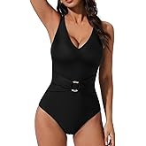 SUUKSESS Women Retro One Piece Swimsuit Metal Tummy Control V Neck Bathing Suit