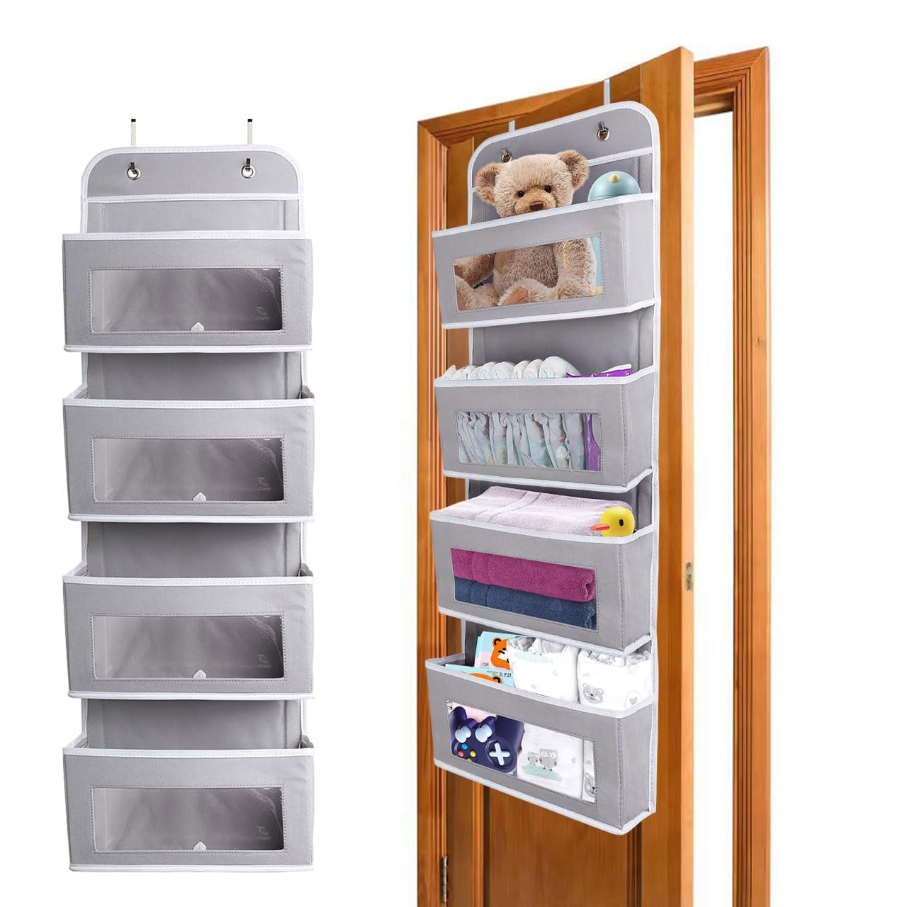 ManGotree Over Door Storage Organizer,4 Pockets Fabric, Hanging Wardrobe Storage, Behind The Door Hanging Organiser with PVC Windows for Toys, Magazine, Purses, Keys, Sunglasses, Hat(Grey)