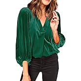 Womens Velvet Tops V Neck 3/4 Puff Sleeve Fall Winter Trendy Dressy Casual Loose Christmas Party Holiday Tunic Shirts