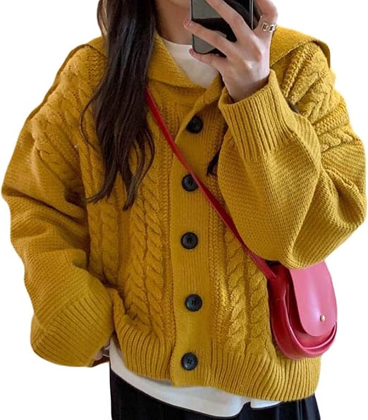 Amazon Bestmood ニットカーディガン レディース ゆったり 長袖 セーター ケーブル編み セーラー襟 かわいい カーディガン ショート丈 森ガール アウター 原宿系 おしゃれ 通学 秋 Freesizeイエロー カーディガン ボレロ 通販