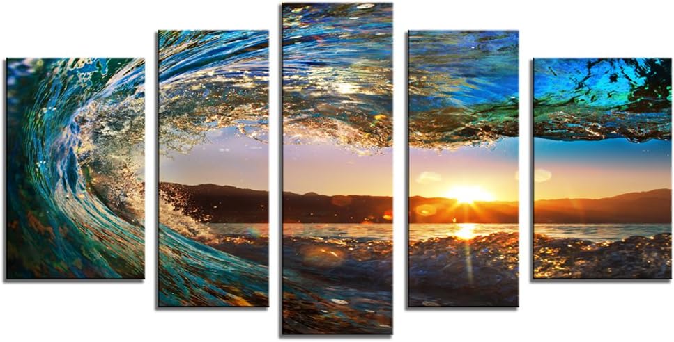 Amosi Art - Blue Rolling Wave Picture Prints Seascape Canvas Painting Wall Art Picture Print Giclee Artwork Stretched and Framed for Home Decor (25x40cmx2pcs 20x50cmx2pcs 20x60cmx1pcs)