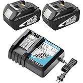 2Pack 6.0Ah 18V Battery and Charger Replacement for Makita 18V Battery and Charger Compatible with Makita 18 Volt Lithium Ion Batteries BL1860 BL1830 Cordless Power Tools (Black)