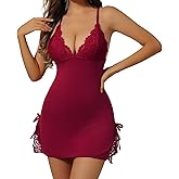 CYCTANG Women Lingerie Sexy Nightgown Babydoll Chemise Lace Trim Sleep Dress Side Split with Thong