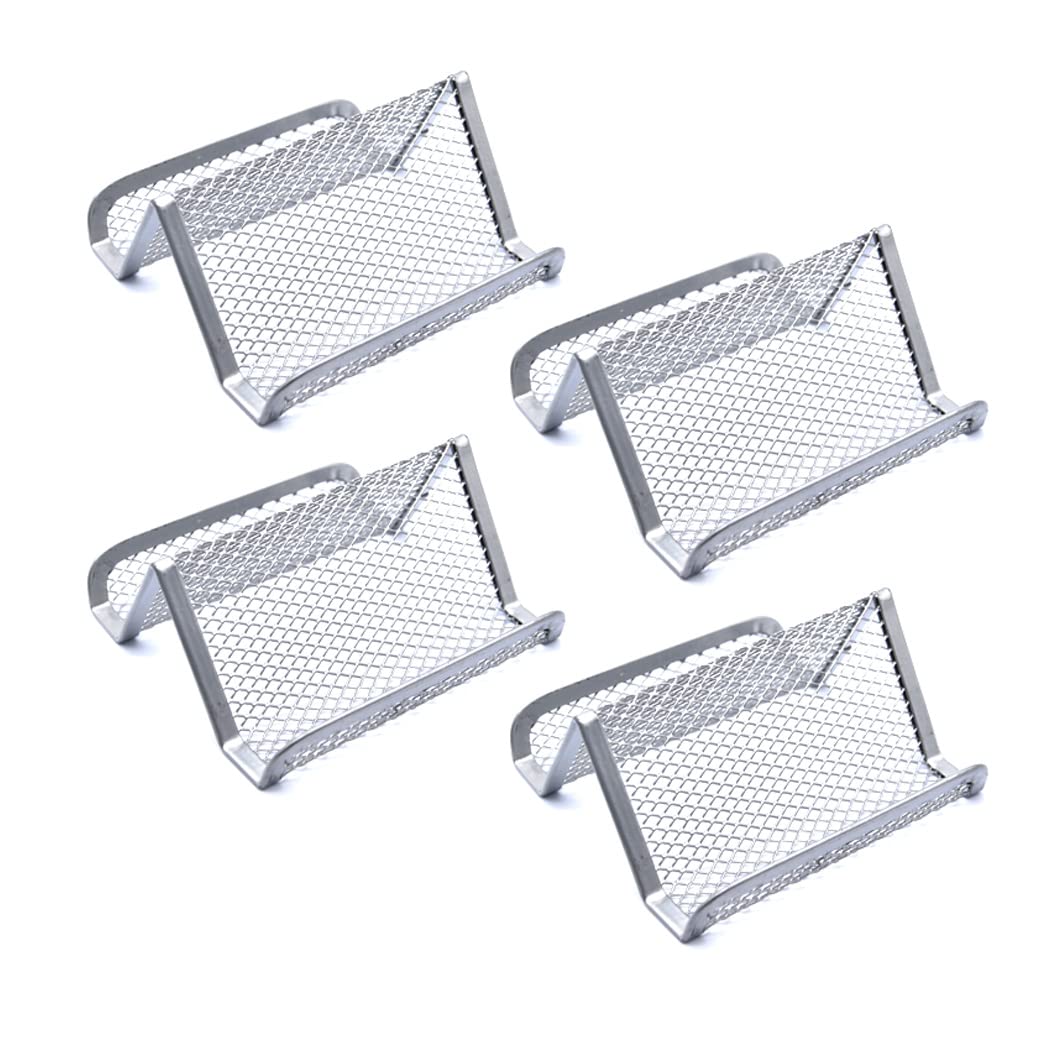 Hoshen Metal Mesh Business Card Holder, Desk Business Card Display Stand (Silver, 4 Pack)