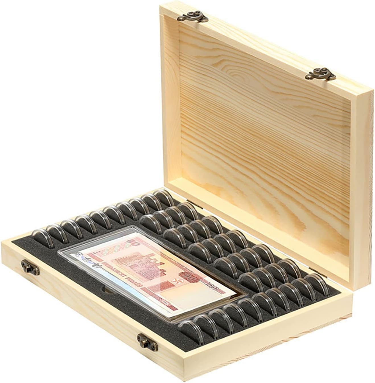 Wooden Coin Capsules Holder, Coin Storage Box Coin Collection Holder with Lock, Coin Collector Organizer Container Coin Display Commemorative Collection Case for 40 Coins and 100 Banknotes : Office Products