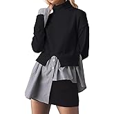 Navonta Womens Turtleneck Peplum Patchwork Sweater 2 in 1 Slit Asymmetrical Hem Pullover Sweater Striped Contrast Shirts Top