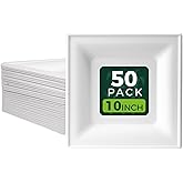 hooray mida White 10-Inch Square Disposable Plates [50-Pack] - Compostable Heavy Duty Sugarcane Plates, Biodegradable Eco-Friendly Dinner Plates for Party
