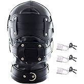 FST Black Leather Bondage Mask Hood,Full Face Blinder Detachable Cover Eye Dildo Mouth Gag Head Hood, for Unisex Adult Play