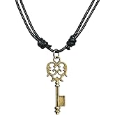Bijoux de Ja Antique Bronze Celtic Skeleton Curly Heart Key Charm Pendant Adjustable Black Cord Necklace 16"-30"