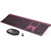Rechargeable Wireless Keyboard and Mouse Combo, Vssoplor 2.4GHz Ultra Quiet & Slim Full Size Keyboard with 3-Level DPI Mouse for Windows PC Laptop, Black and Wine Red