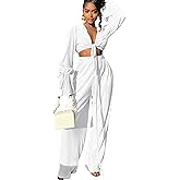 Casual Sexy 2 Piece Outfit for Women Dressy Linen Long Sleeve V Neck Top Y2K Flare Pleated Wide Leg Pants Sets Beach Vacation