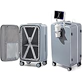 Hanke 20 Inch Carry On Luggage with Cup Holder and Charge,Top Opening Hard Shell Suitcases with Wheels and Dividers,Aluminum Frame Trunk Luggage Small Suitcase with Lock for Travel,Gray