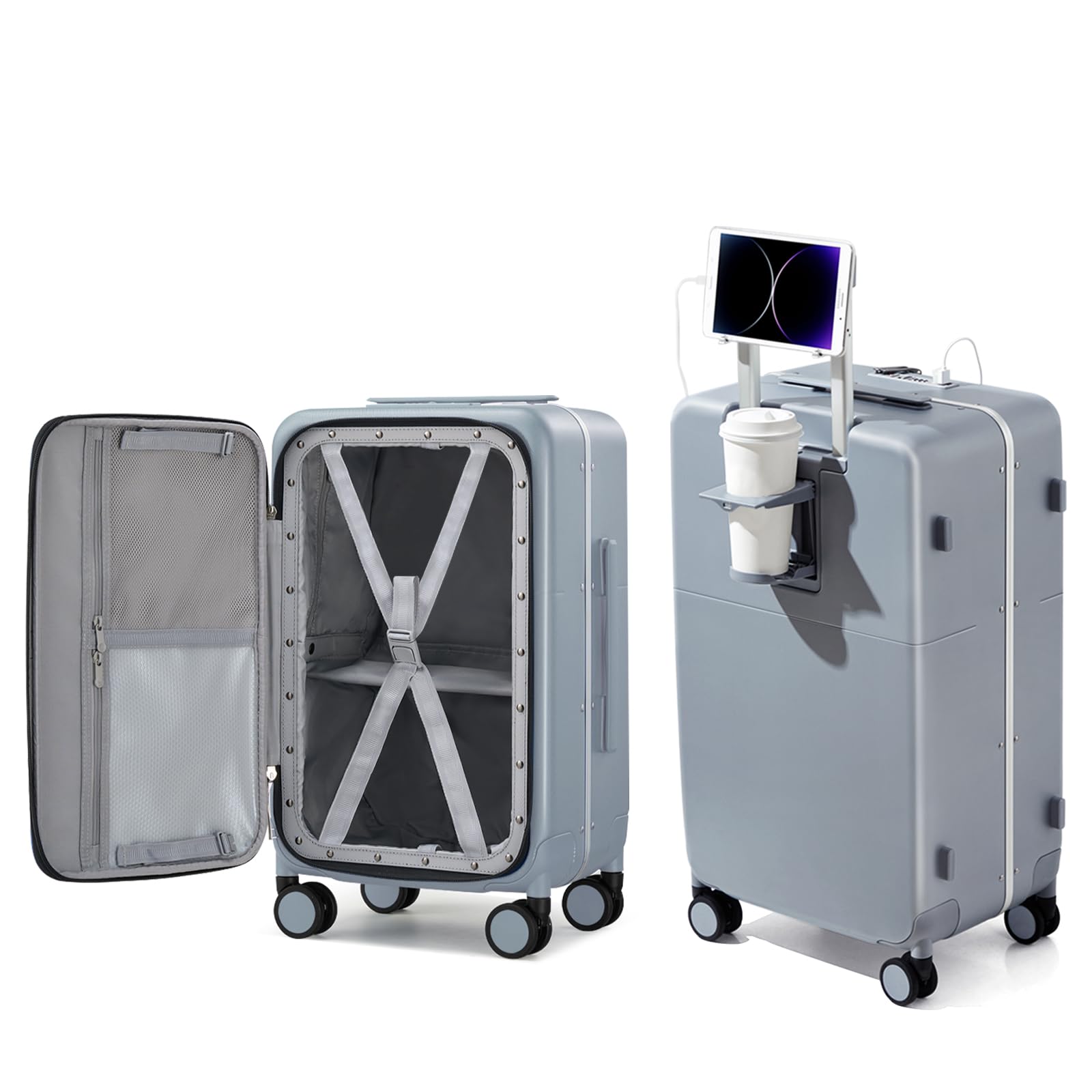 Photo 1 of Hanke 20 Inch Carry On Luggage with Cup Holder and Charge,Top Opening Hard Shell Suitcases with Wheels and Dividers,Aluminum Frame Trunk Luggage Small Suitcase with Lock for Travel,Gray