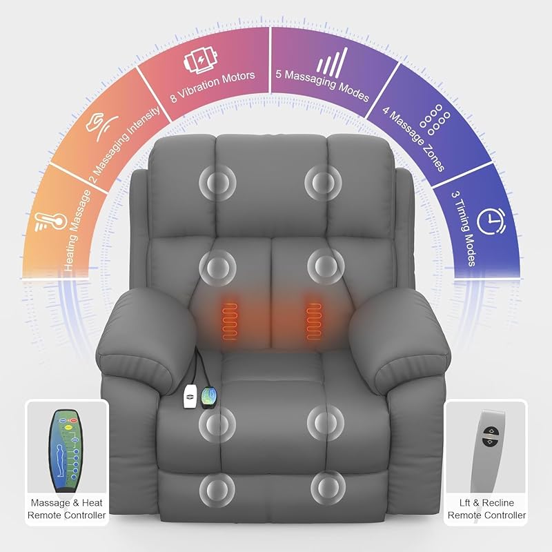 Sillón Relax Reclinable para Personas Mayores, con Masaje y Calor, Reposapiés Extensible, Puertos USB tipo C+, Portavasos Ocultos y dos bolsillos laterales,Reclinable Extragrande tipo Sofá para salón