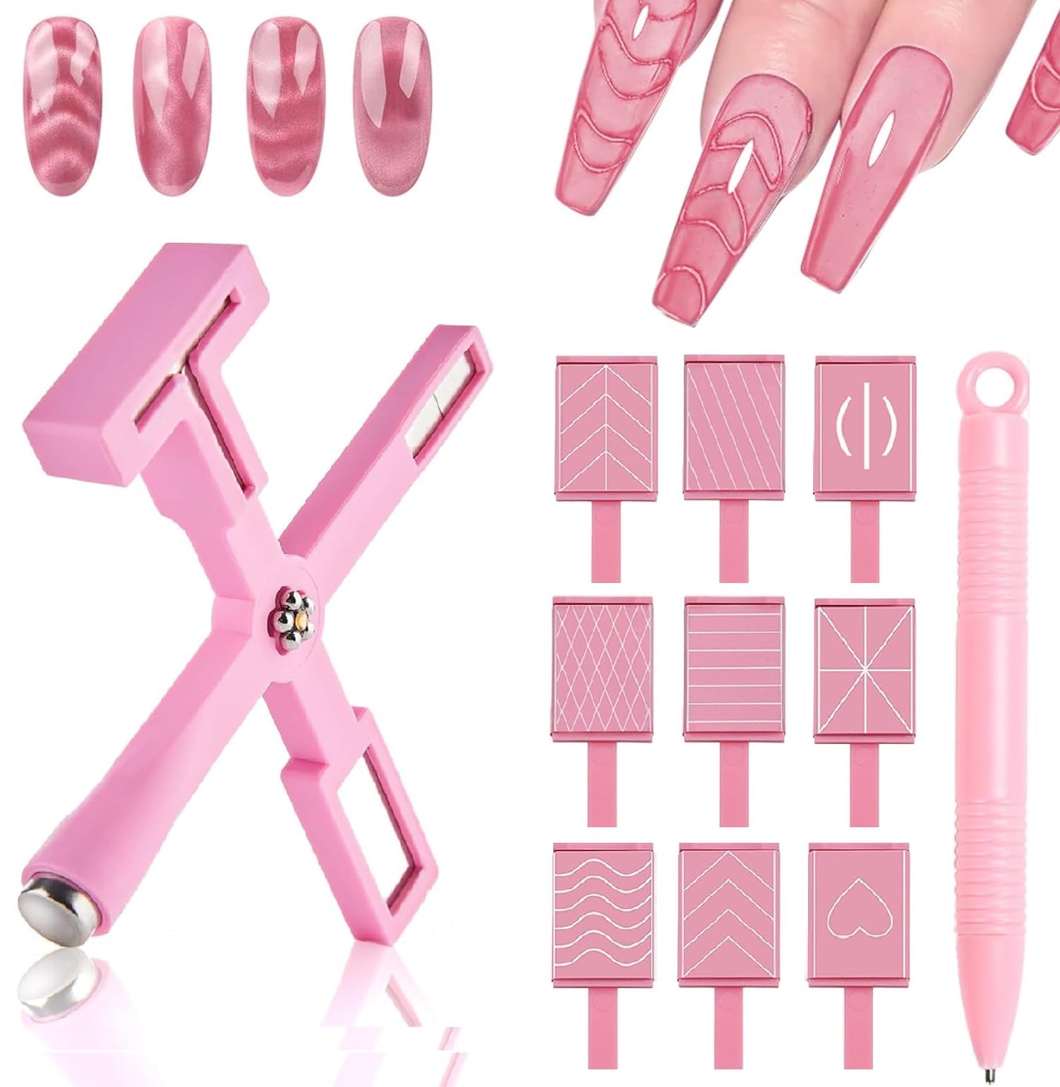 Photo 1 of 11PCS Cat Eye Gel Nail Polish Tools Set, Nail Art Magnet Tool Set For Cat Eye Nail Polish, 5 in 1 Nail Magnet Tool, 9PCS Stripe Magnet Plates and Magnet Pen for Nail Art Nail Salon or DIY (Pink)