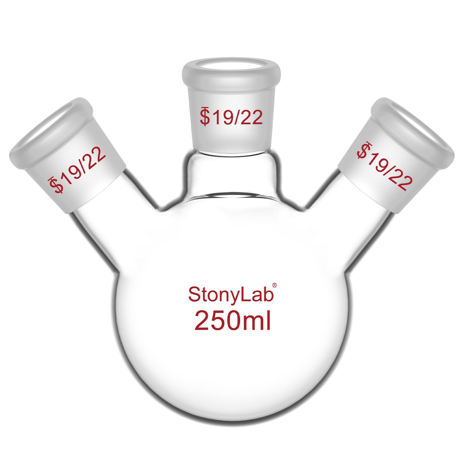 stonylab Borosilicate Glass Heavy Wall 3 Neck Round Bottom Flask RBF, with 19/22 Center and Side Standard Taper Outer Joint, 250 mL