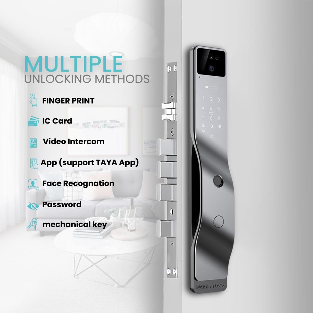 Smart Door Lock with 3D Face Recognition & 1080P Camera – Keyless Entry via Face ID, Palm Ve, Fingerprint, App, Code, IC Card & Key | WiFi, Auto-Lock, Alexa & Tuya Compatible