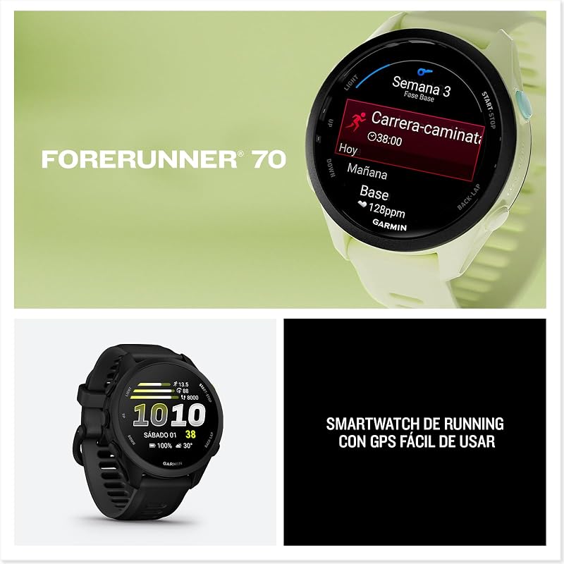 Forerunner 70 Reloj Inteligente para Correr con GPS, Pantalla Táctil AMOLED, Métricas Optimizadas, Planes de Entrenamiento, Estado de Salud, Autonomía de 13 Días, Lila