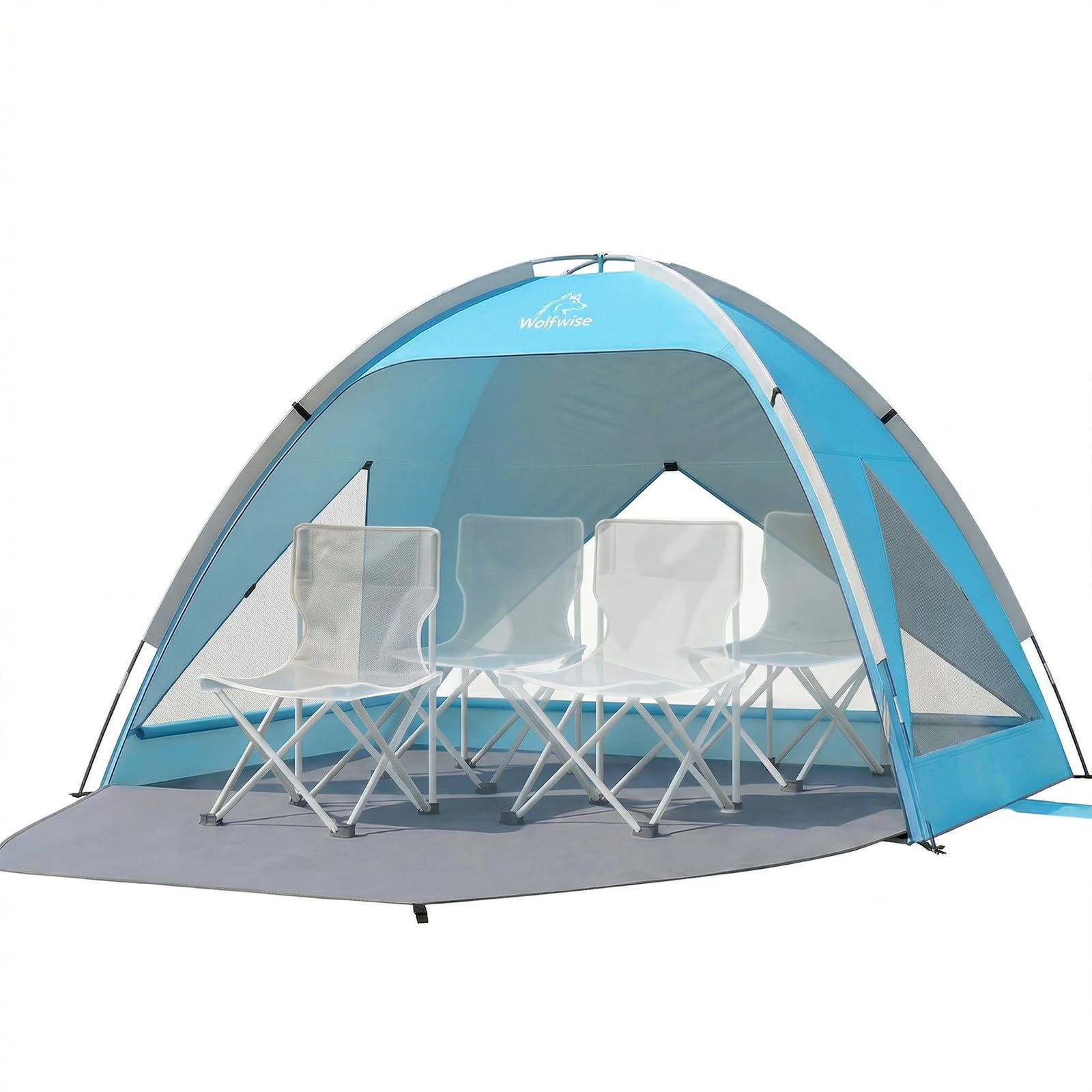 Wolfwise Strandmuschel UV Schutz, 3 Belüftungsfenster & Tragetasche, Strand Zelt mit erweiterbarem Boden für Privatsphäre, 4 Personen, 240x165x140cm(95 ''x65''x55''), Blau