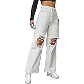 WDIRARA Women's Ripped Baggy Jeans High Waist Straight Leg Denim Pants