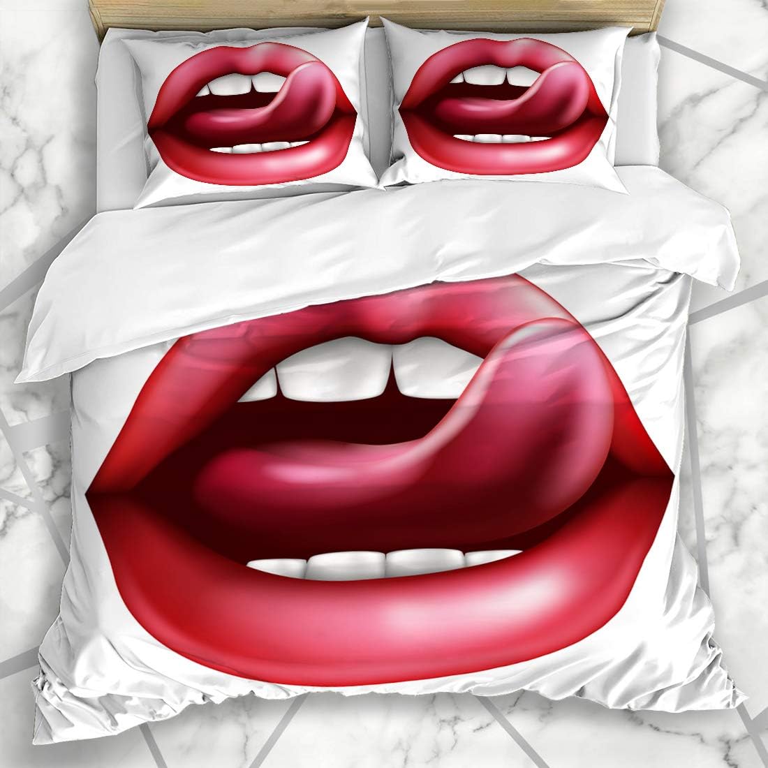 DANGCCI Duvet Cover Sets Queen/Full 90x90 Inches Pink Womans Mouth Tongue Licking Sexy Miscellaneous Lick People Red Close Girl Attractive Beauty Decorative 3 Pieces Bedding Set with 2 Pillow Shams