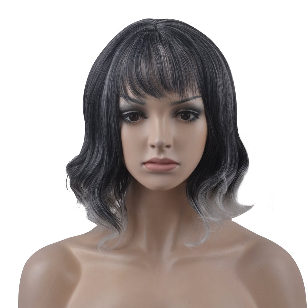 eNilecor Short Curly Women Synthetic Wigs with Bangs (Black/Grey)