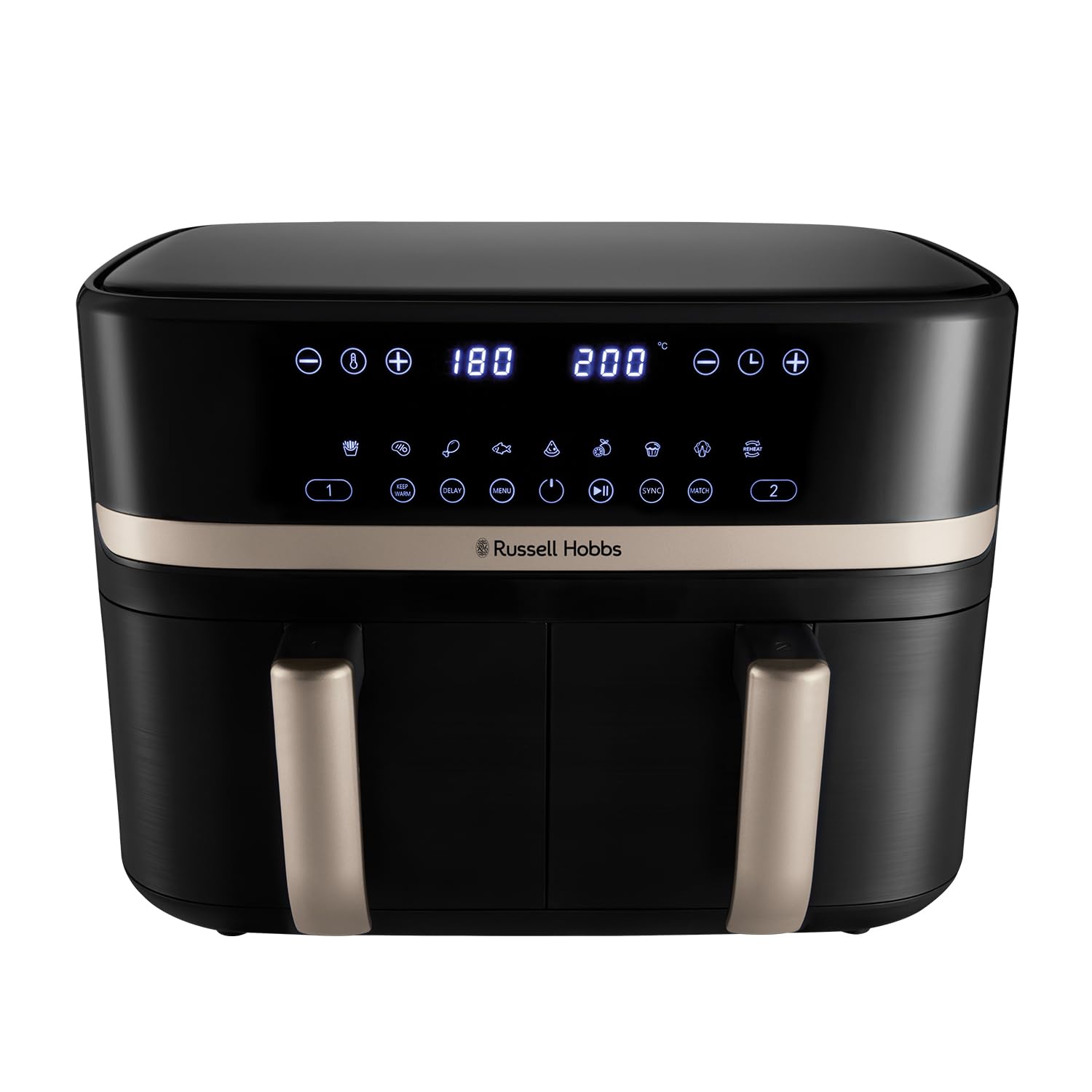 Russell Hobbs Dual Air Fryer 9L Rapid Airfryer [Dual Basket/Zone, Low-Noise, 9 Programs] satisfry (Dishwasher safe drawers, Max 200℃, Oil Free Cooking, Roast, Bake, Grill, Keep warm) 27680