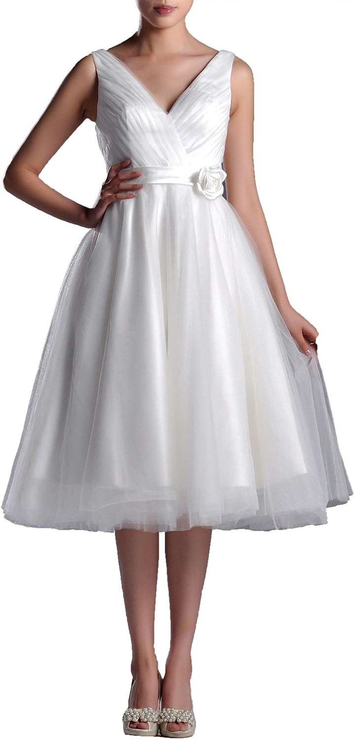 Wedding Dresses V-Neck Bridal Gowns Simple A-line Tea Length Wedding Dress Bride Short at  Women’s Clothing store