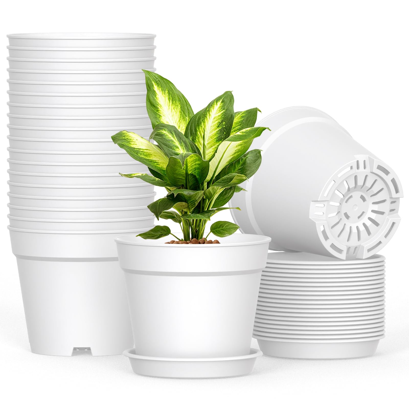 Photo 1 of SwinDuck 20 Pack 6 Inch Plant Pots with Drainage and Saucers, White Plastic Flower Pots for Indoor and Outdoor Plants