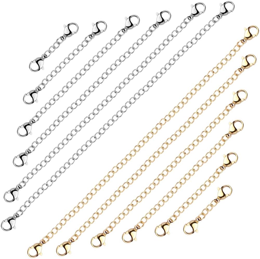 12 Chaînes D'Extension Pour Bijoux - Acier Inoxydable - 6 Tailles (3 à 15cm) Avec Boucle Homard - Argent Et Or