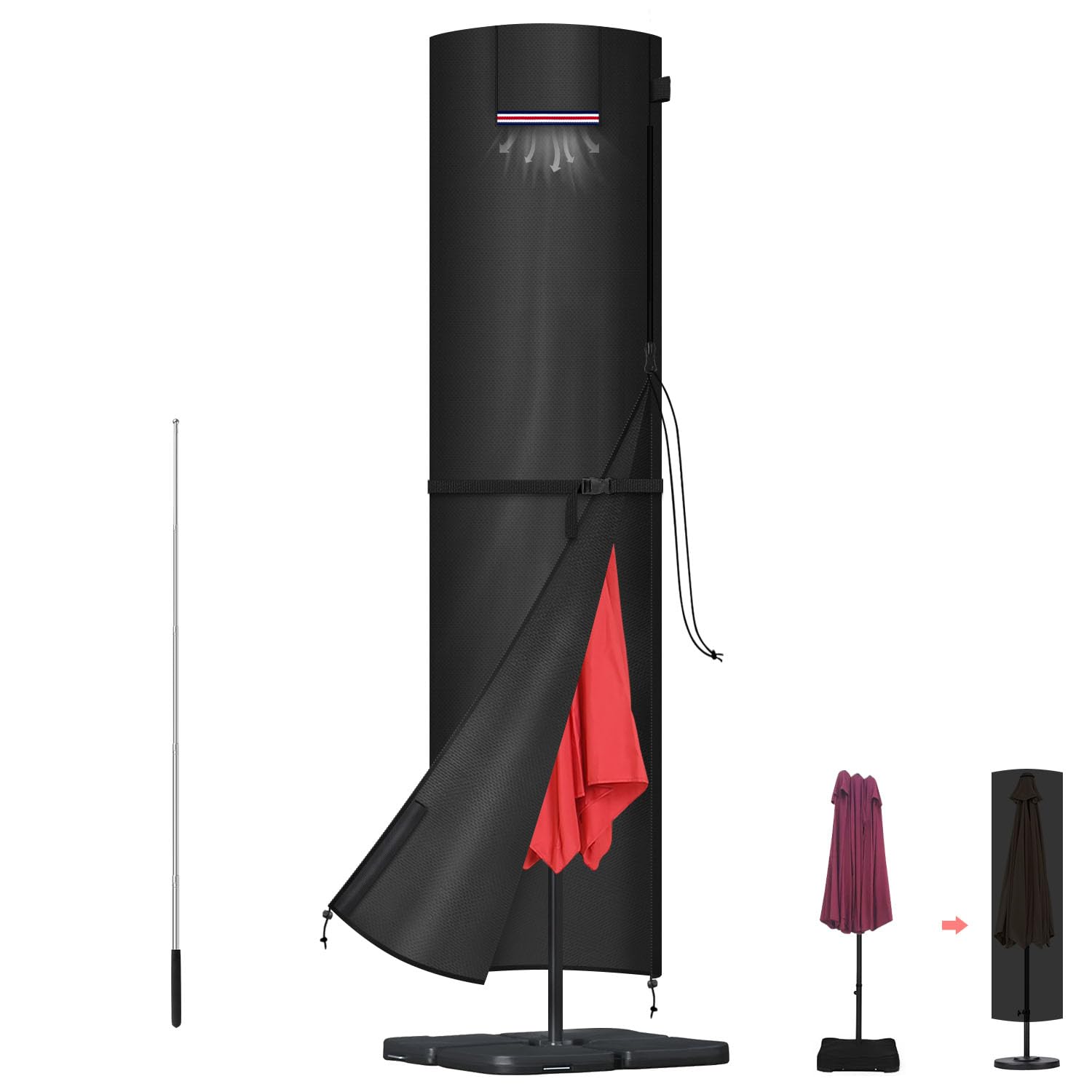 LAMUNI Garden Umbrella Cover Large Garden Parasol Covers for Ø3m Straight Parasol Protective Covers Waterproof Patio Parasol Cover Outdoor Umbrella Cover with Zip and Rod, 220x50/50cm