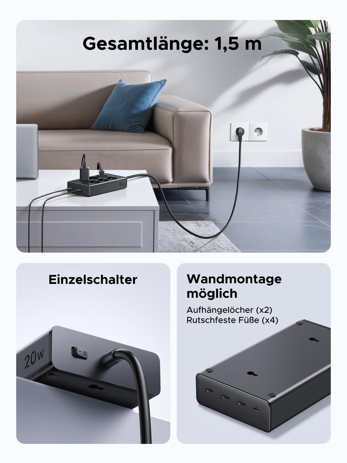 UGREEN Steckdosenleiste mit USB, 10-in-1 Mehrfachsteckdose mit Schalter, 20W Schnellladen USB C, 3680W Steckdosenwürfel mit Überspannungsschutz, Gesamtlänge 1,5 m, für Schreibtische, Büros 3