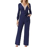 Seta T Women's Long Sleeve Jumpsuit V Neck Belted Stretchy Wide Leg Long Pant Casual Romper with Pockets
