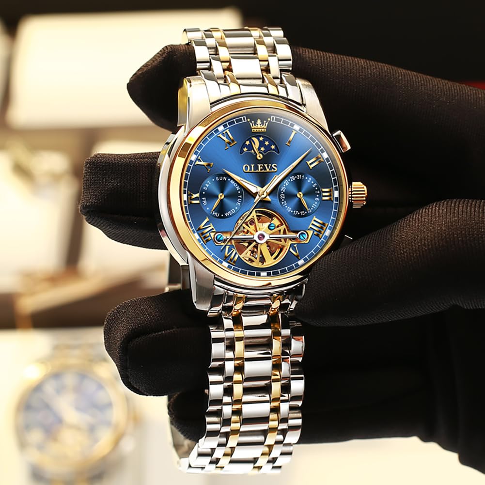 OLEVS Automatic Self-Winding Men's Watch With Date Day Calendar Display - Stainless Steel Skeleton Movement Tourbillon - No Battery Waterproof for Man