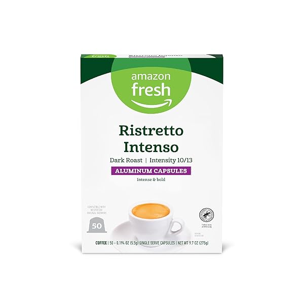 AMAZON FRESH RISTRETTO INTENSO DARK ROAST ALUMINUM CAPSULES, COMPATIBLE WITH NESPRESSO ORIGINAL BREWERS, INTENSITY 10/13, 50 COUNT (5 PACKS OF 10)